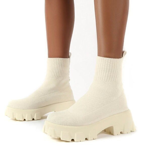 Public Desire Trust Ecru White Chunky Platform Sole Sock  Public Desire Trust Ecru White Chunky Platform Sole Sock Ankle Boots Size 8 NIB